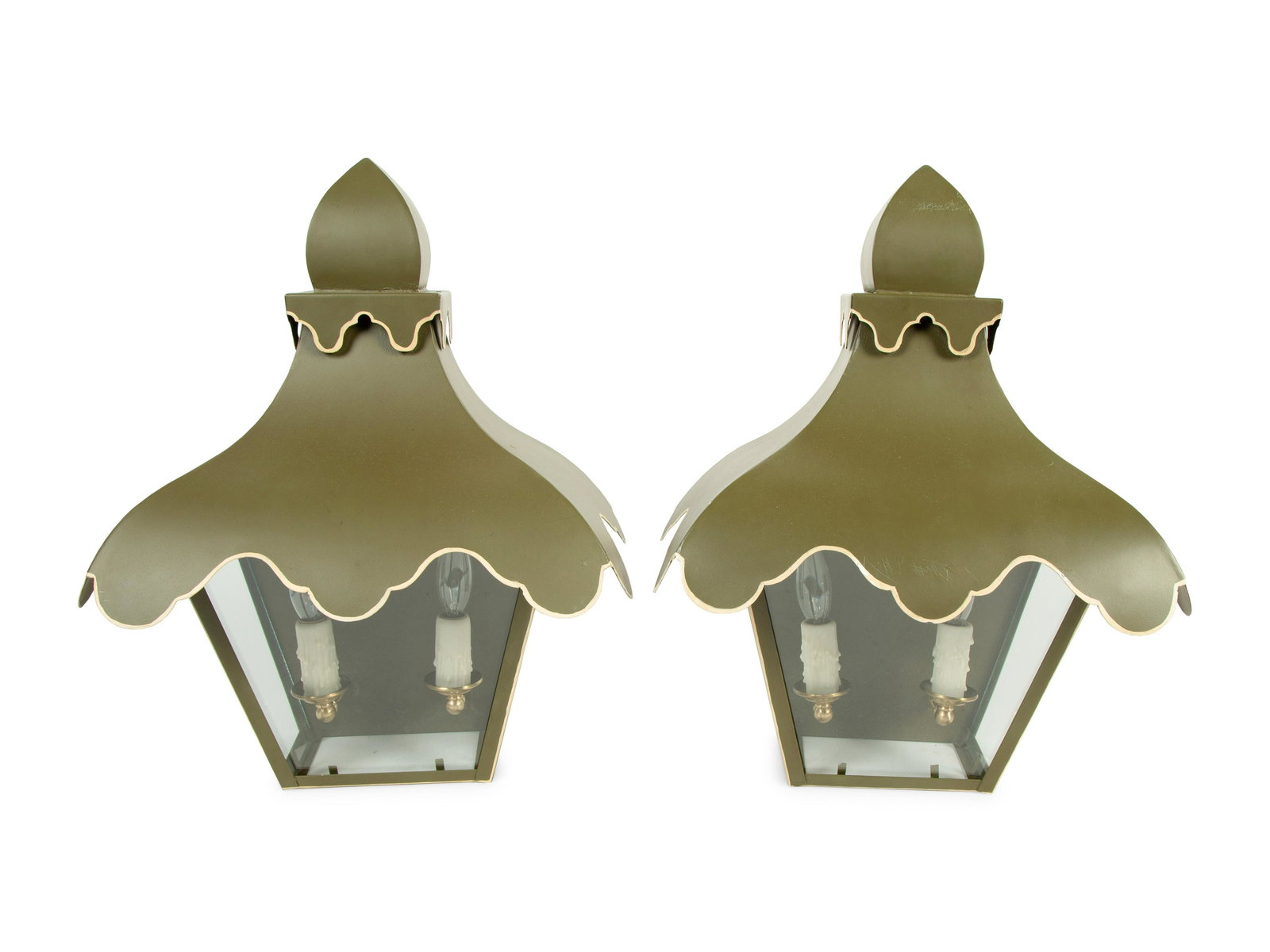 A Pair of Green and White Tole Tent Lantern Two-Light (1 of 2)
