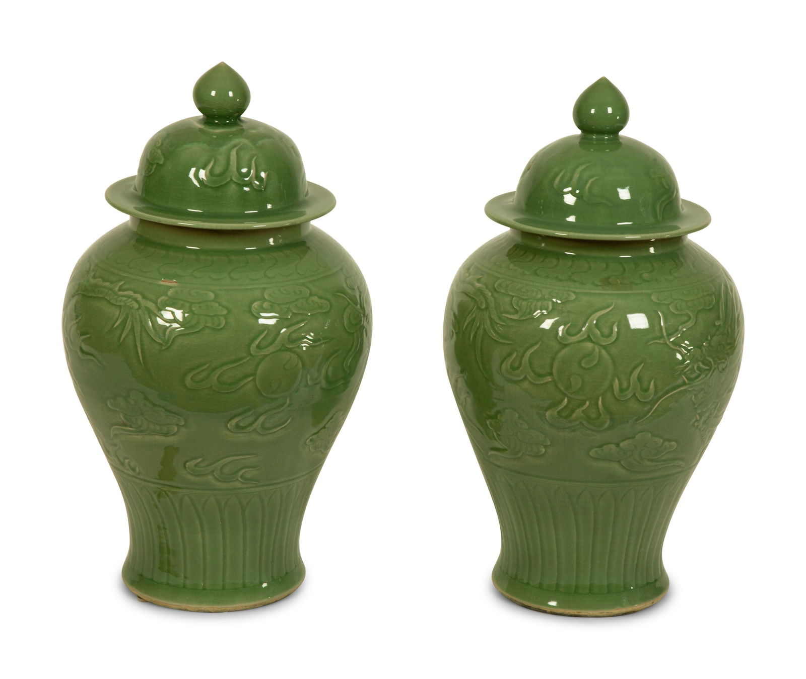 A Pair of Celadon Glazed Covered Jars (1 of 2)