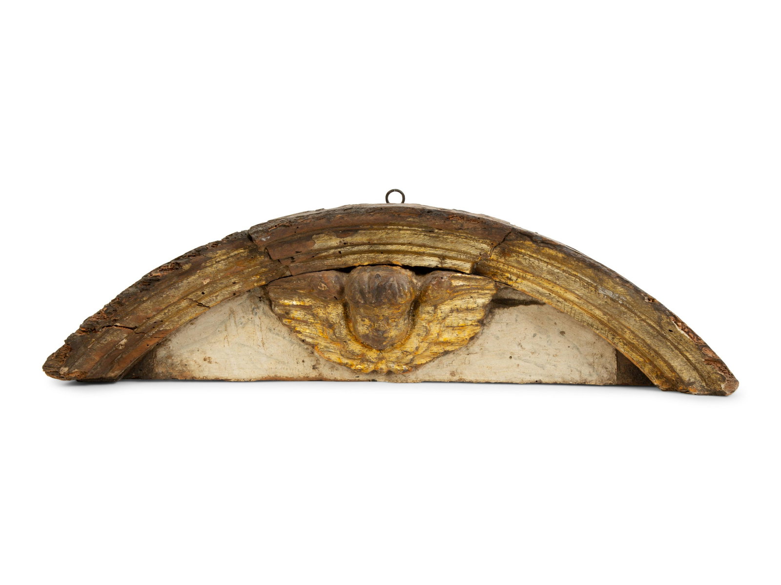 A Florentine Carved and Parcel Gilt Pediment: A Florentine Carved and Parcel Gilt Pediment 17TH CENTURY Height 6 1/2 x width 24 x depth 4 1/4 inches.