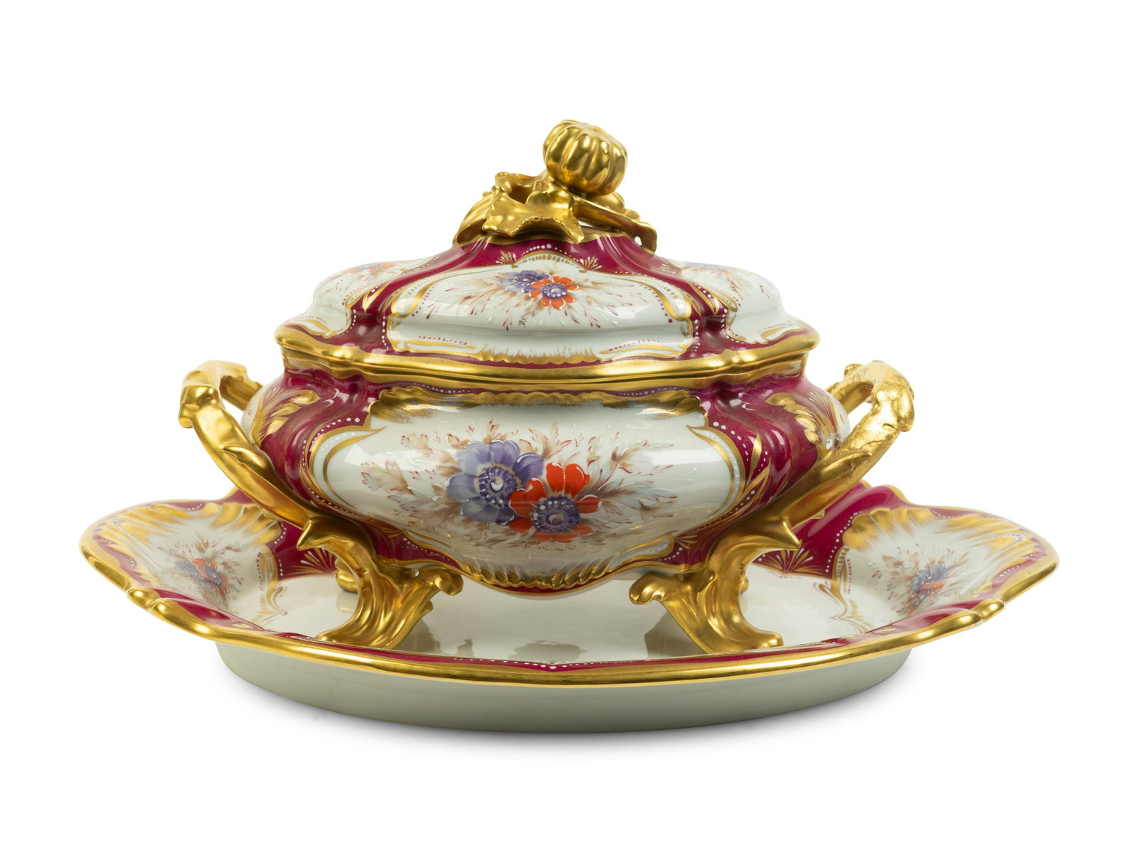 A Limoges Painted Porcelain Tureen and Undertray: A Limoges Painted Porcelain Tureen and Undertray 20TH CENTURY Height overall 11 x length of tray 14 x width 15 inches.