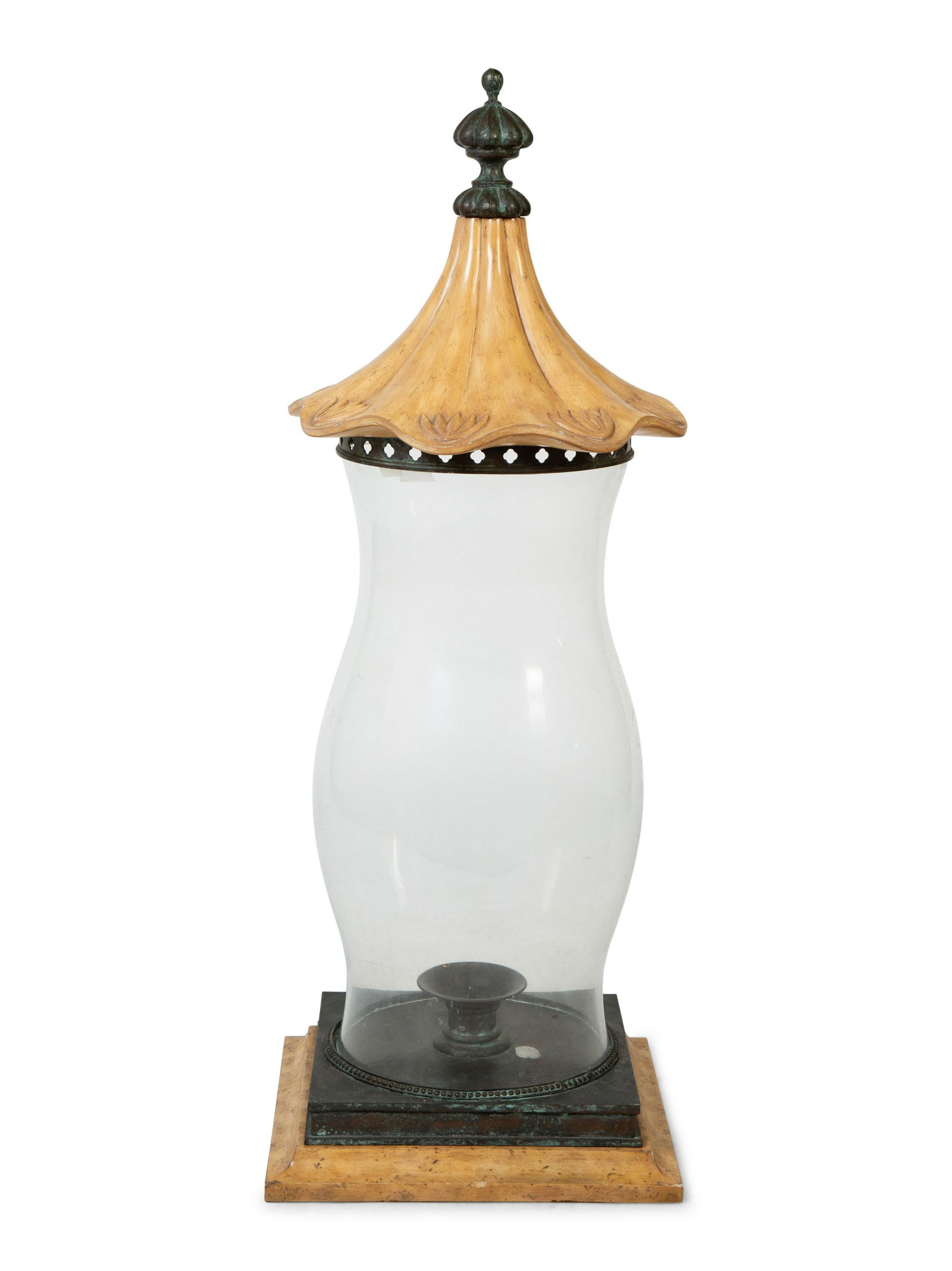 A Blown Glass Hurricane Lamp with Wood Cover (1 of 1)