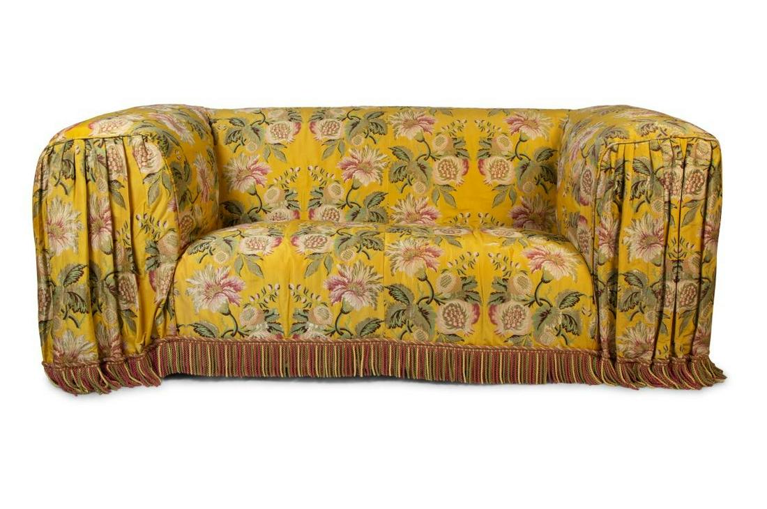 A Pair of Silk Upholstered Couches: A Pair of Silk Upholstered Couches 20TH CENTURY Height 34 x width 76 x depth 36 inches.