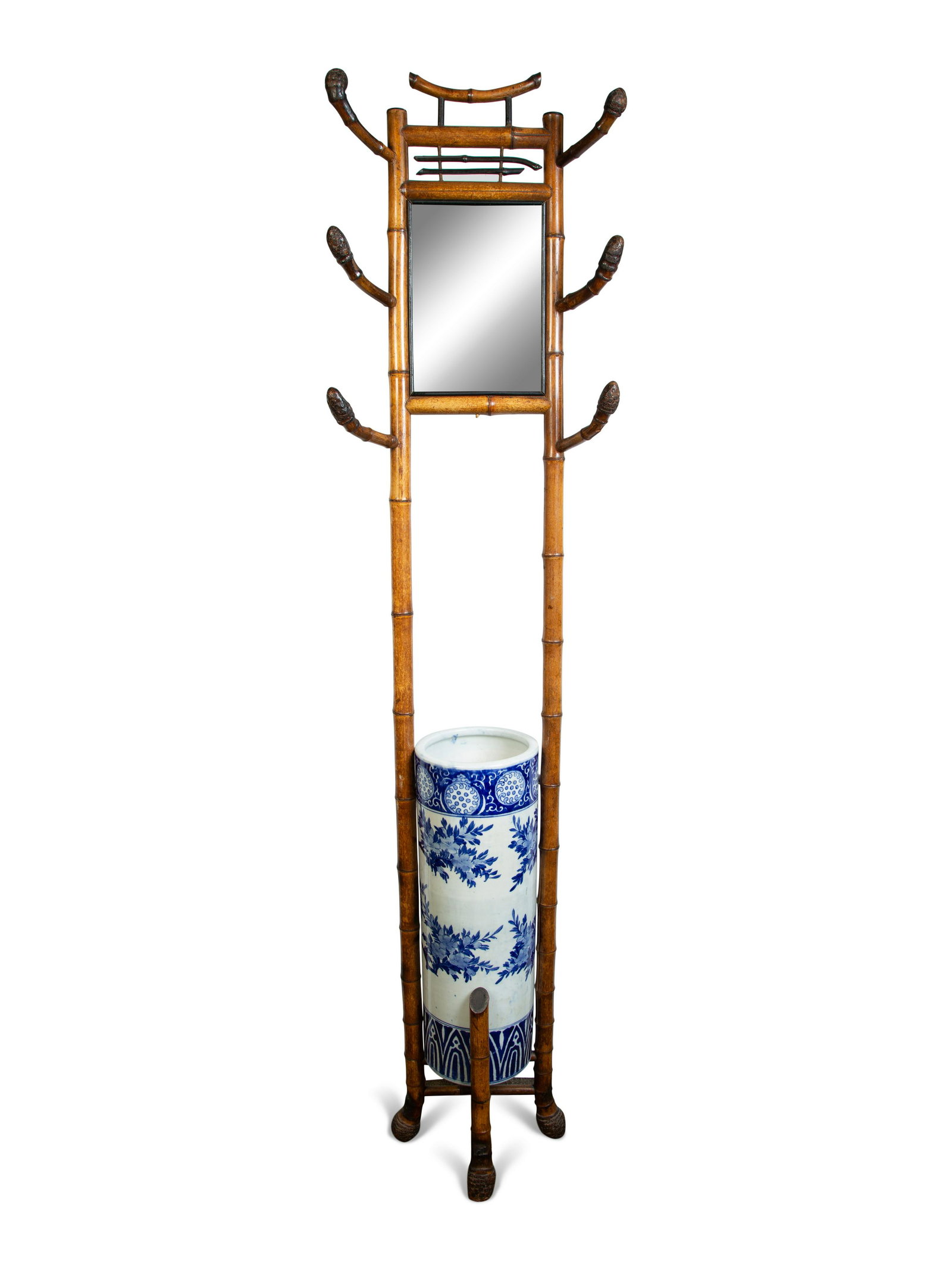 A Chinese Bamboo Hall Stand Fitted with a Blue and (1 of 2)