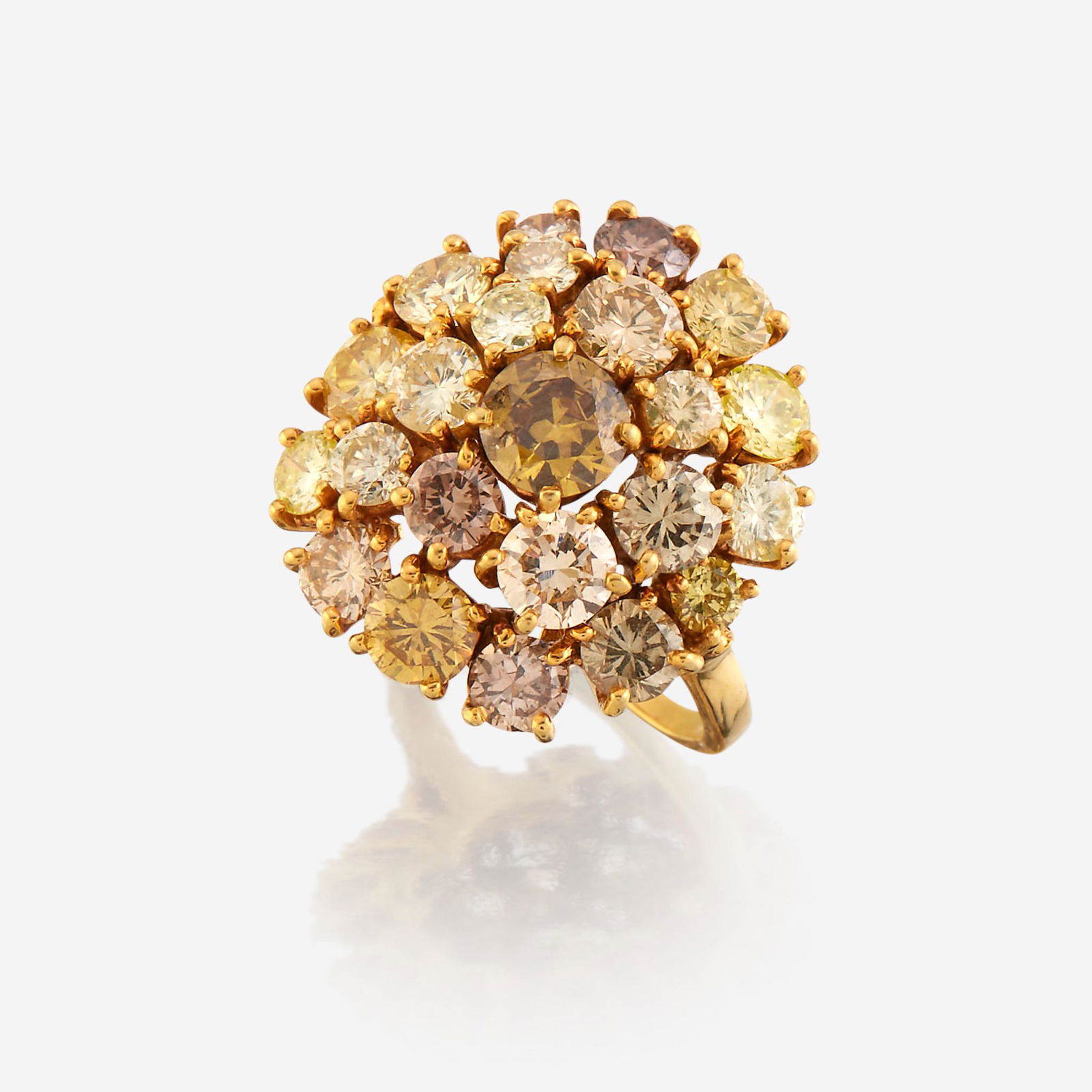 A colored diamond and eighteen karat gold ring, Julius: A colored diamond and eighteen karat gold ring, Julius Cohen designed as a cluster of circular-cut colored diamonds (not tested for origin or nature of color); estimated total diamond weight: 4.00 car