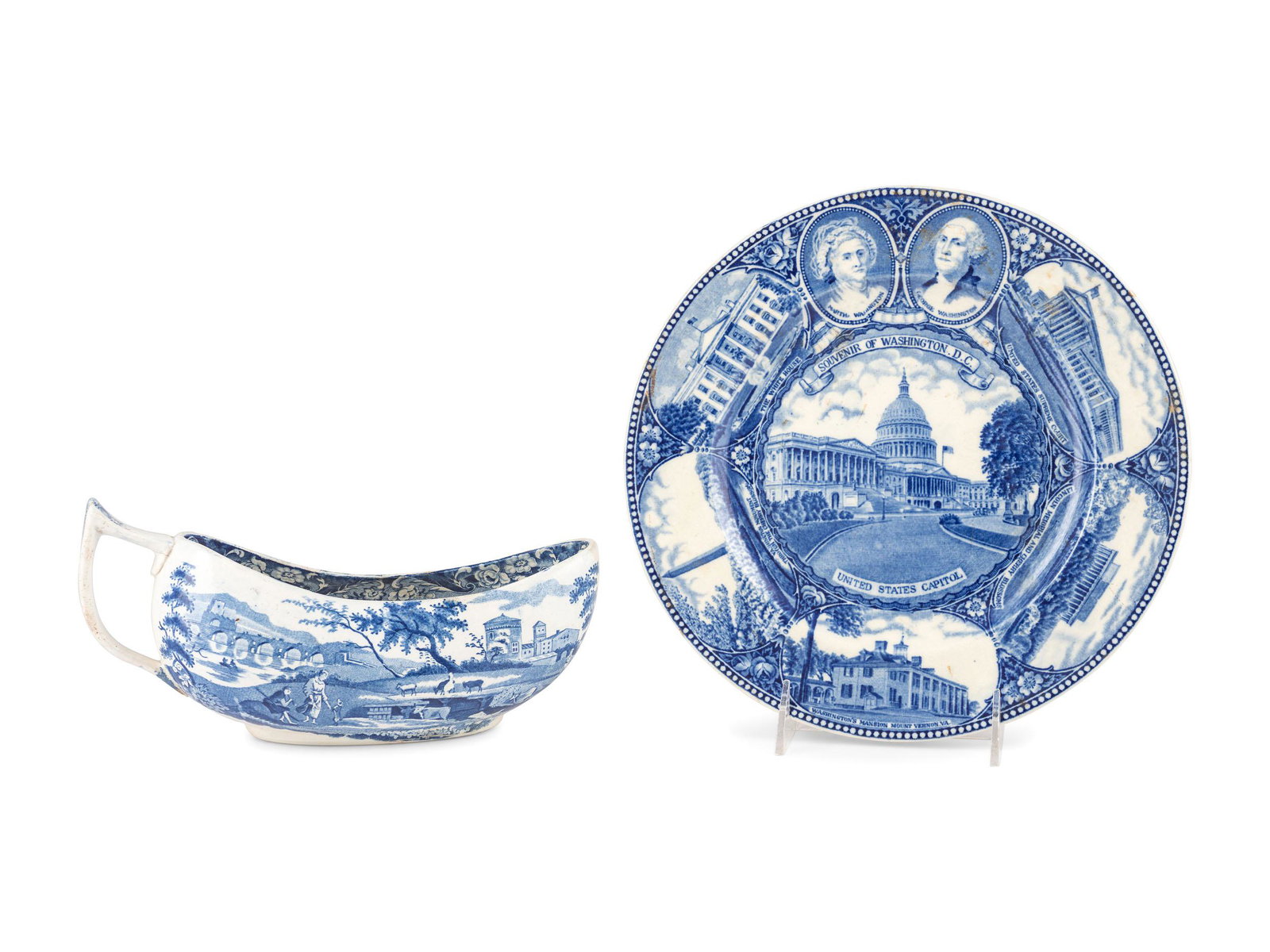 A Blue and White Transferware Sauce Boat and Plate: A Blue and White Transferware Sauce Boat and Plate Diameter of plate 10 inches. Property from the Collection of Dr. James Dawson, Manchester, Kentucky