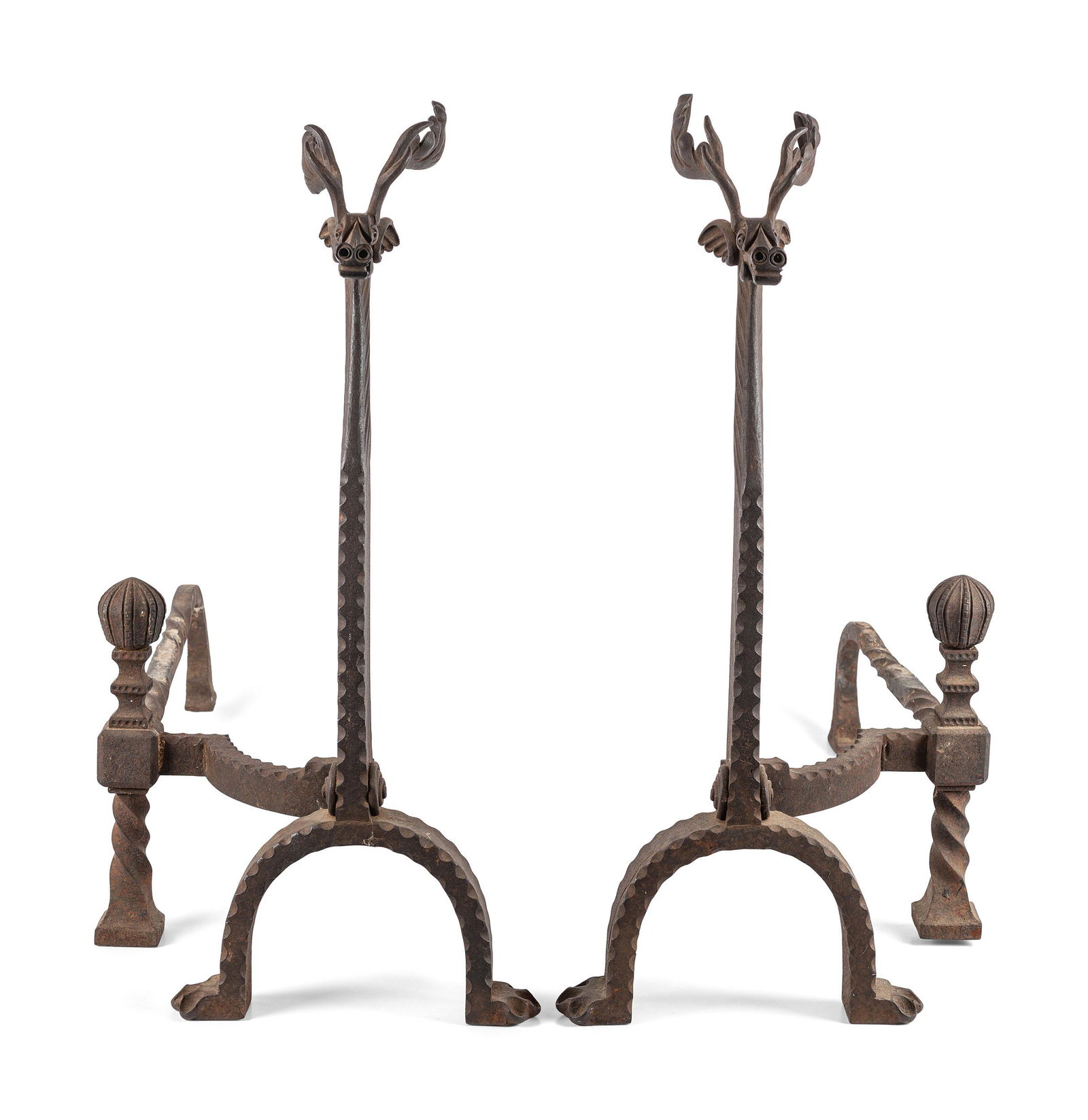 A Pair of Cast Iron Caribou Andirons: A Pair of Cast Iron Caribou Andirons Late 19th/Early 20th Century Height of each 26 3/8 x width 29 x depth 13 3/4 inches. Property from the Estate of a Midwestern Collector, Saint Paul, Minnesota
