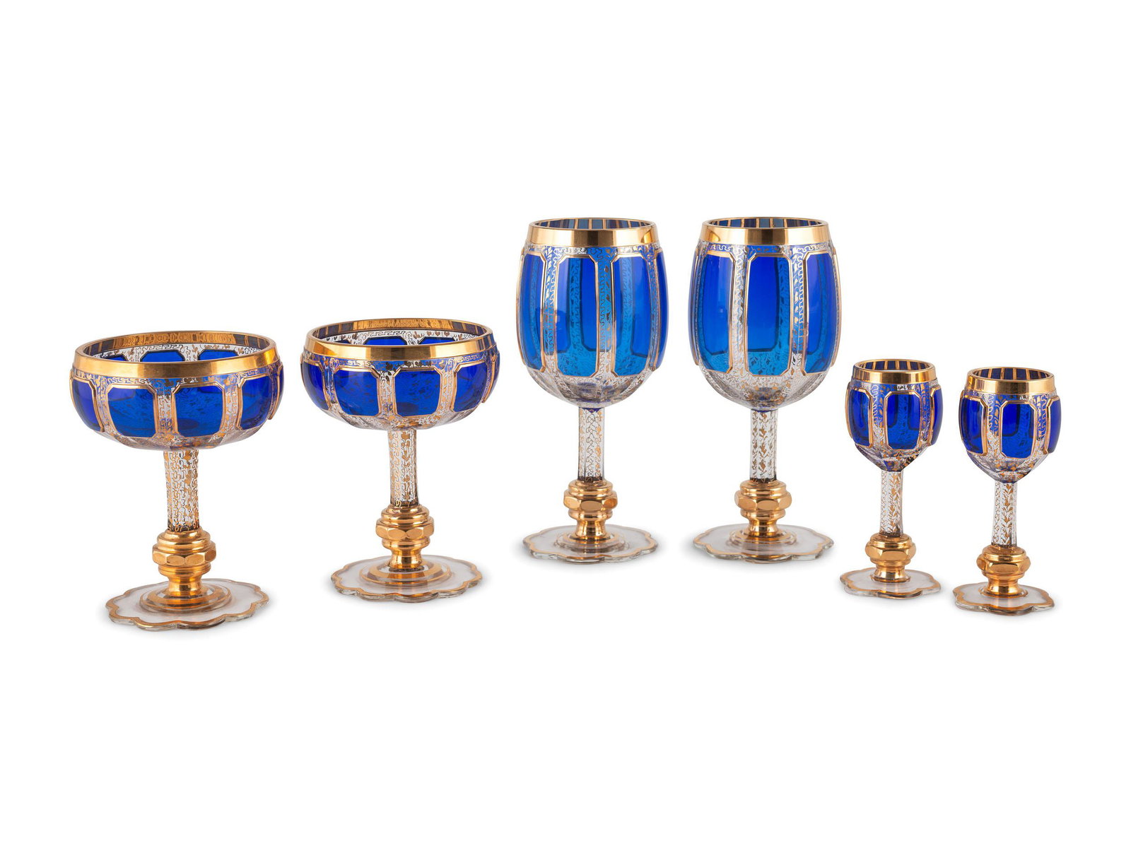 Twenty-Six Cobalt and Clear Glass Parcel Gilt Stemware (1 of 1)