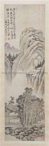 A Landscape Painting on Paper, Dong Bangda, Height: A Landscape Painting on Paper, Dong Bangda, dated 1765, depicting a mountainous landscape above a stand of trees, monochrome ink on gold flecked paper, having inscription at upper left with three seal