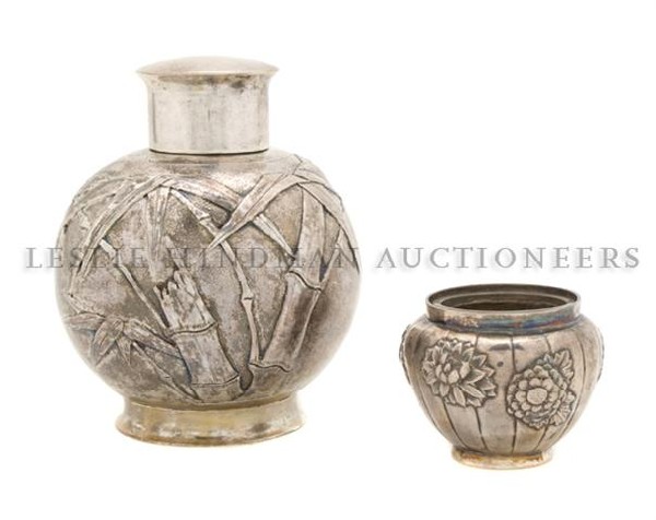 A Group of Two Chinese Silver Articles, Height of : A Group of Two Chinese Silver Articles, comprised of a tea caddy by Tuck Chang Shanghai and a salt marked Arthur Bond Yokohama; approximate total weight 6.30 ozt. Height of tallest 3 3/4 inches.