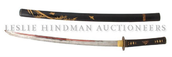 A Japanese Blade, Length of yakiba 22 1/2 inches; : A Japanese Blade, having bronze fushi, kashira and pommel, with shagreen handle with leather wrap and mixed metal menuki of a man with fish and a man reclining on a tiger, the blade signed on hamon, t