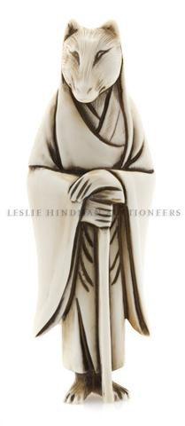 A Carved Ivory Netsuke, Height 3 inches.: A Carved Ivory Netsuke, circa 1850, depicting a fox, in disguised as a Shinto priest, signed indistinctly Hiro. Height 3 inches. Property of a Private Midwest Collector Provenance: Saito Inc., Chicago