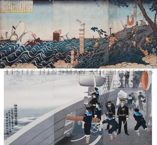 A Japanese Woodblock Print Triptychs, Yoshitoshi, : A Japanese Woodblock Print Triptychs, Yoshitoshi, depicting a naval scene from the Sino-Japanese war, together with another triptych depicting a battle scene. Width of widest 28 1/2 inches.