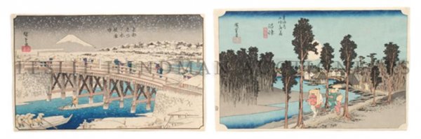A Collection of Japanese Woodblock Prints,: A Collection of Japanese Woodblock Prints, comprised of seven unframed works by Ando Hiroshige, one miniature print by Futakawa and an additional lithograph.
