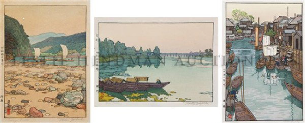 A Group of Three Japanese Woodblock Prints, Toshi : A Group of Three Japanese Woodblock Prints, Toshi Yoshida, the larger depicting a river scene of Urayasu signed in the block, the two smaller examples of Tenryu and Yodo Rivers signed in pencil lower 