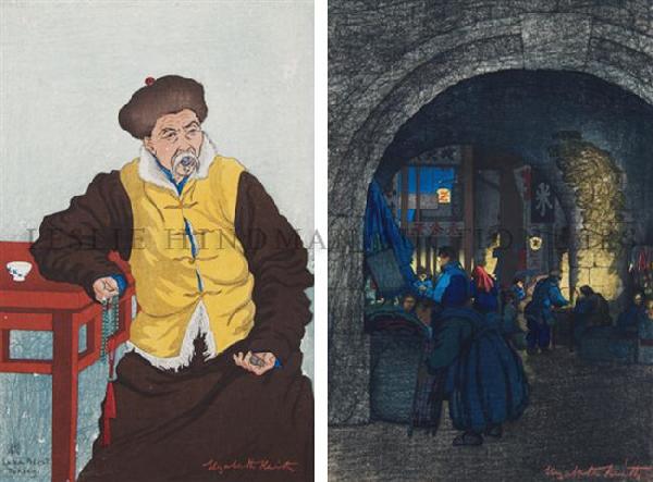A Group of Two Woodblock Prints, Elizabeth Keith (: A Group of Two Woodblock Prints, Elizabeth Keith (1887-1956), comprised of Lama Priest, Peking, depicting the figure in a yellow fur-lined coat, the second titled Where the Beggars Sleep, Soochow, bot