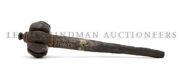 A Indian Iron Mace, Length 9 inches.: A Indian Iron Mace, 17th/18th century, of lobed form, having gold inlay throughout the head and handle. Length 9 inches.
