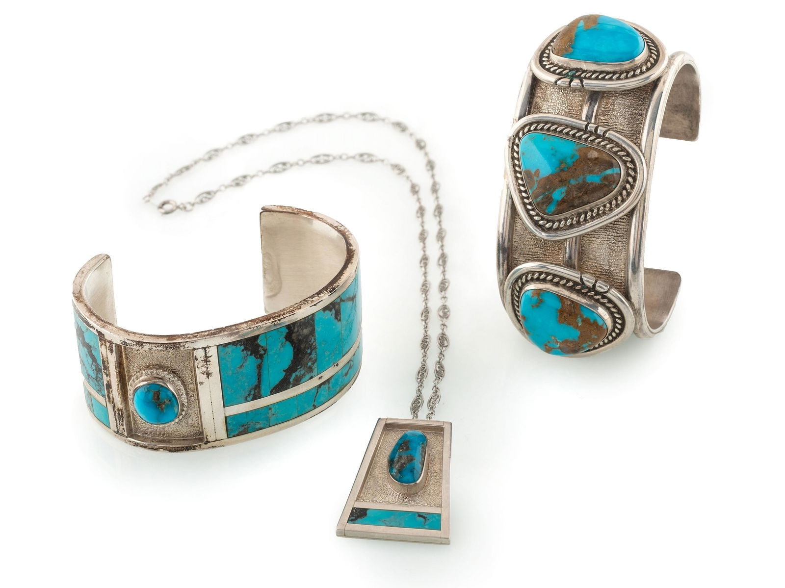 Wendal J. Hill (Mohawk, 20th century): Wendal J. Hill (Mohawk, 20th century) Silver and Turquoise Cuff Bracelets AND Pendant lot of 3, all marked with an H and a crescent; includes: a cast silver cuff, set with three turquoise cabochons in