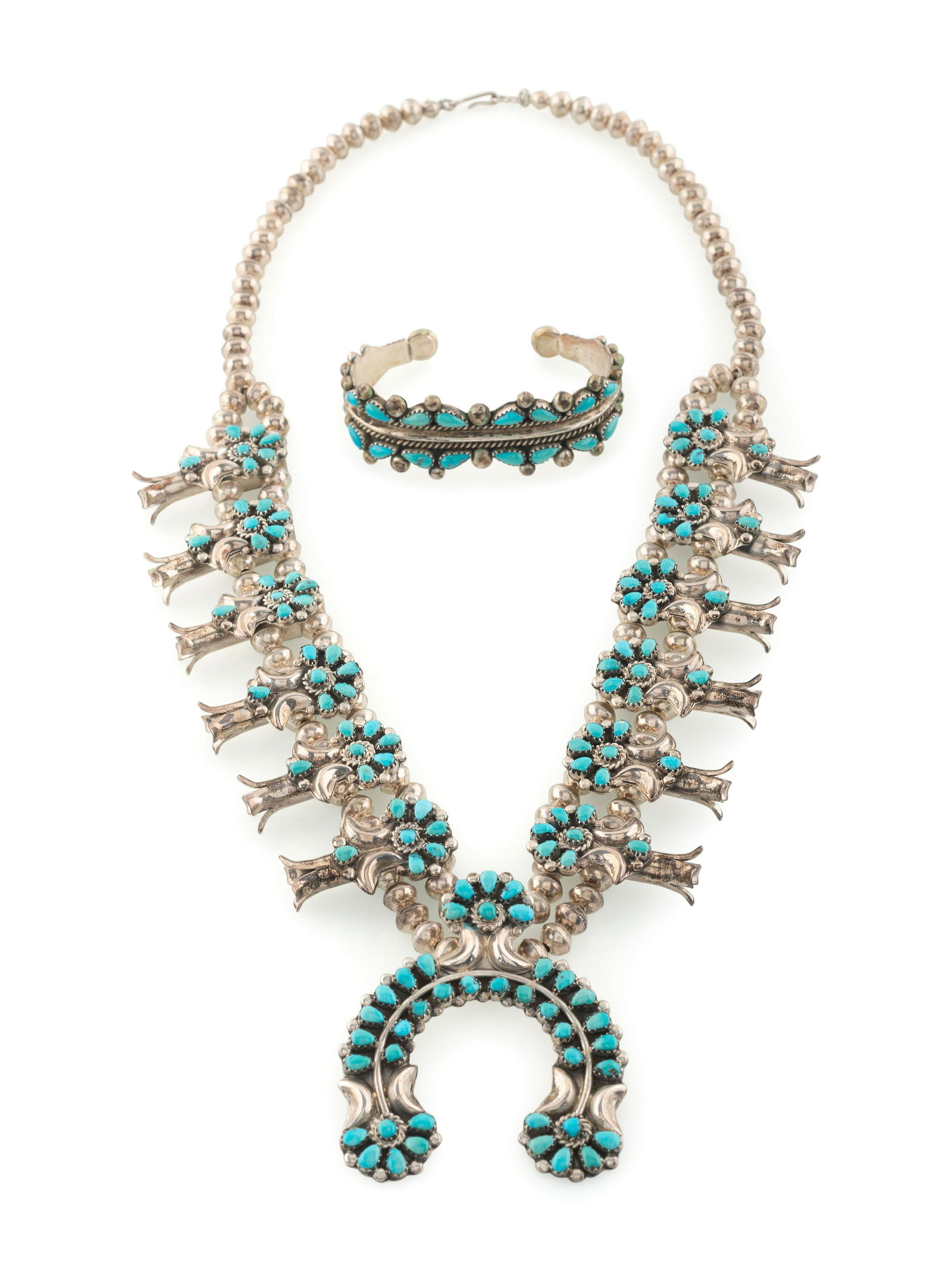 Navajo Silver and Petit Point Turquoise Squash Blossom (1 of 4)