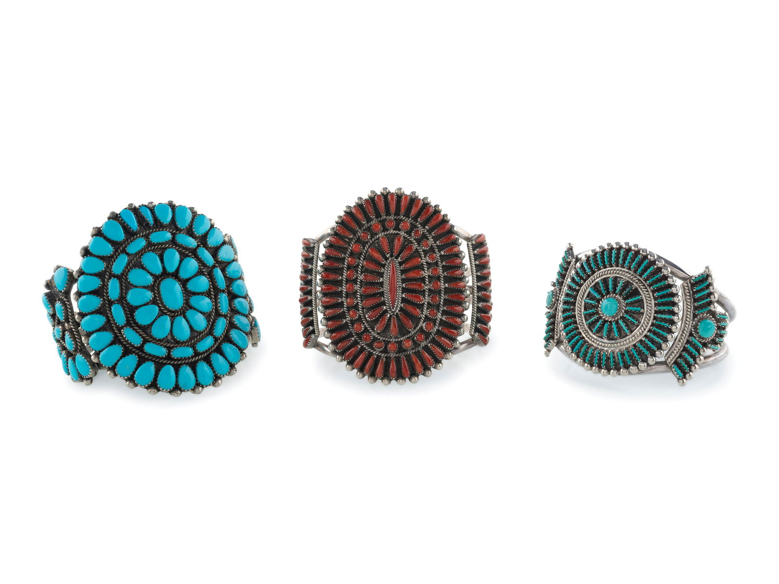 Zuni Silver Cluster Cuff Bracelets: Zuni Silver Cluster Cuff Bracelets second half 20th century lot of 3, includes: a silver wire cuff set with needle point turquoise clusters; signed S. WALLACE ZUNI NM cuff width 1-3/4 inches, interior