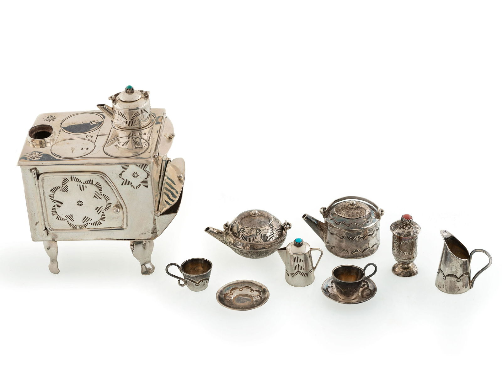 Navajo Sterling Silver Miniature Curio Stove and Tea (1 of 4)
