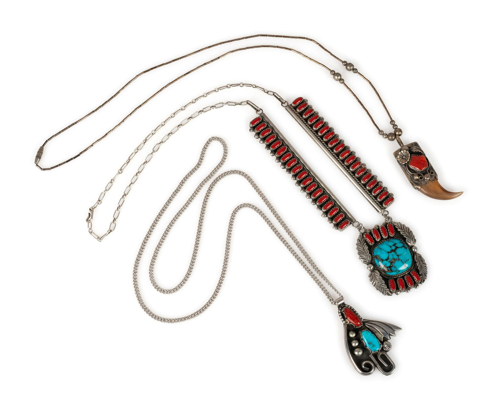 Navajo and Kewa Silver, Coral, and Turquoise Pendants / (1 of 4)