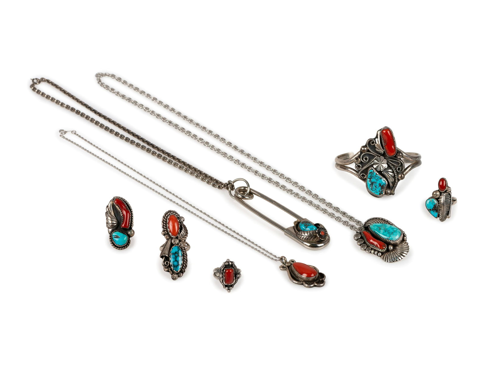 Navajo Silver, Coral, and Turquoise Jewelry (1 of 9)