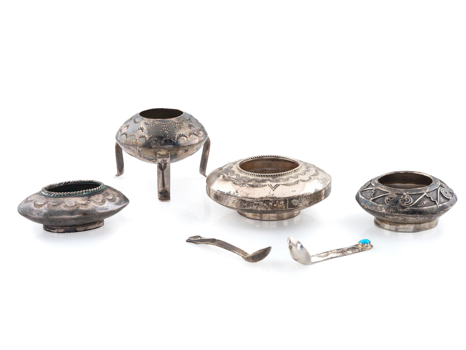 Navajo Stamped Silver Salt Jars AND Spoons (1 of 3)