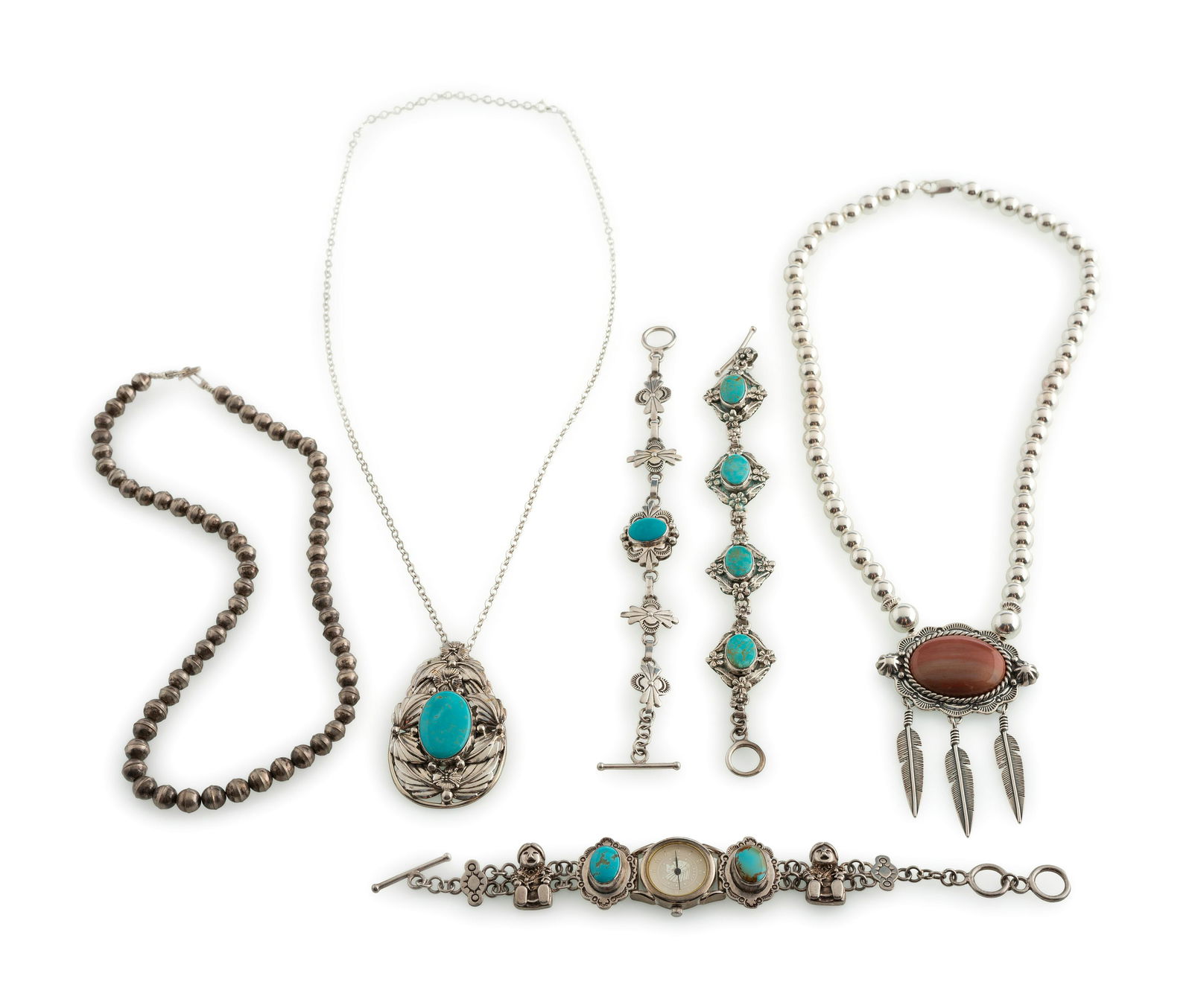 Southwestern-style Necklaces and Link Bracelets: Southwestern-style Necklaces and Link Bracelets late 20th century lot of 6, includes: three necklaces, lengths: 18-1/2 inches, 23-1/2 inches, and 20-1/2 inches; combined weight 71.7 dwt. three bracele