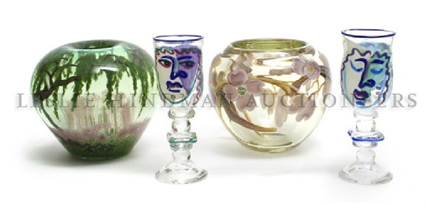 A Collection of Four Glass Vessels, Height of firs: A Collection of Four Glass Vessels, a Heilman Roessler cased vase, an Orient and Flume cased vase, and two drinking glasses. Height of first 6 1/2 inches.