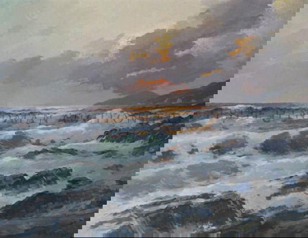 Alexander Dzigurski, (American, 1911-1994), Seasca: Alexander Dzigurski (American, 1911-1994) Seascape at Sunset oil on canvas signed (lower right) 27 1/2 x 35 1/2 inches.