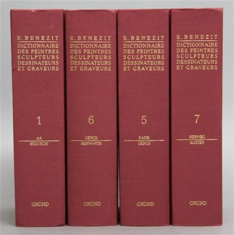 BENEZIT, EMMANUEL. Dictionnaire critique et docume: BENEZIT, EMMANUEL Dictionnaire critique et documentaire des peintres, sculpteurs, dessinateurs et graveurs. Paris: Grund, 1999. 14 vols. 4to, full red cloth. Revised edition. Some shelfwear; otherwise