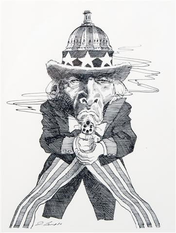 LEVINE, DAVID. Uncle Sam, 1988. Original pen and i: LEVINE, DAVID (American, b. 1926) Uncle Sam, 1988. Original pen and ink sketch, signed in ink lower left recto ("D. Levine"). Framed and matted. ink on paper signed and dated 86' (lower left) Size of