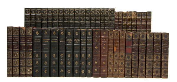 (BINDINGS) A group of 48 leather bound books.: (BINDINGS) A group of 48 leather bound books, including the Works of George Elliot, 22 volumes. Property from the Estate of Henry K. and Barbara C. Gardner, Lake Forest, Illinois.