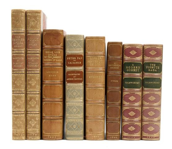 (BINDINGS) A group of 8 vols. bound in leather by: (BINDINGS) A group of eight volumes bound in leather by Sangorski and Sutcliffe, (1899-1929). A Modern Comedy and The Forsythe Saga. By John Galsworthy. London: William Heinemann, (1929). Pete