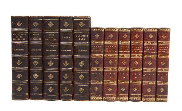 (BINDINGS) A group of 11 leather bound books.: (BINDINGS) A group of 11 leather bound books, comprising the works of Jane Austen and Pietro Mestasio. Property from the Estate of Henry K. and Barbara C. Gardner, Lake Forest, Illinois.