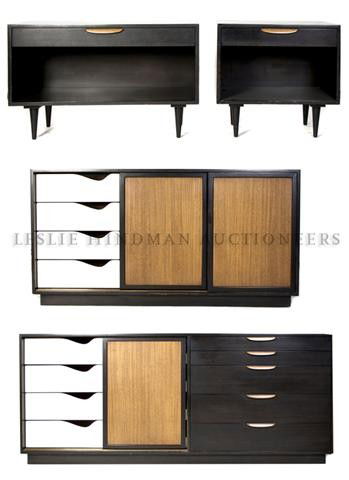 A Suite of Bedroom Furniture, Harvey Probber, Heigh: A Suite of Bedroom Furniture, Harvey Probber, comprising a king size bed, two night stands of different widths, a long chest with sliding doors and five drawers and a long chest with three sliding dra