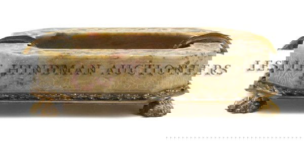 A Soapstone and Gilt Bronze Mounted Ash Receiver,: A Soapstone and Gilt Bronze Mounted Ash Receiver, Nicolas Haydon, of elongated octagonal form, raised on paw feet. Width 5 inches.