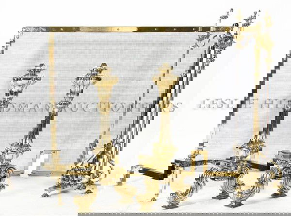 A Pair of Classical Style Brass Andirons, Height o: A Pair of Classical Style Brass Andirons, each of baluster form, raised on twin scrolling feet, together with a set of fireplace tools on stand and a conforming firescreen. Height of pair 27 1/2 inche