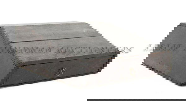 A Civil War Era Soldier's Field Desk, Height 5 1/2: A Civil War Era Soldier's Field Desk, having a rectangular top over the writing slope above a single drawer with ring pull. Height 5 1/2 x width 12 1/2 x depth 15 3/4 inches.