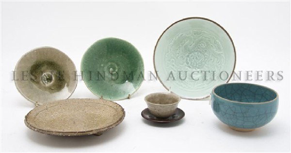 A Collection of Japanese Ceramic Vessels, Width of: A Collection of Japanese Ceramic Vessels, comprised of a teaset with four ceramic cups and four cherry bark saucers, a saucer raised on six spurs, two celadon glazed plates and a robin's egg blue bowl