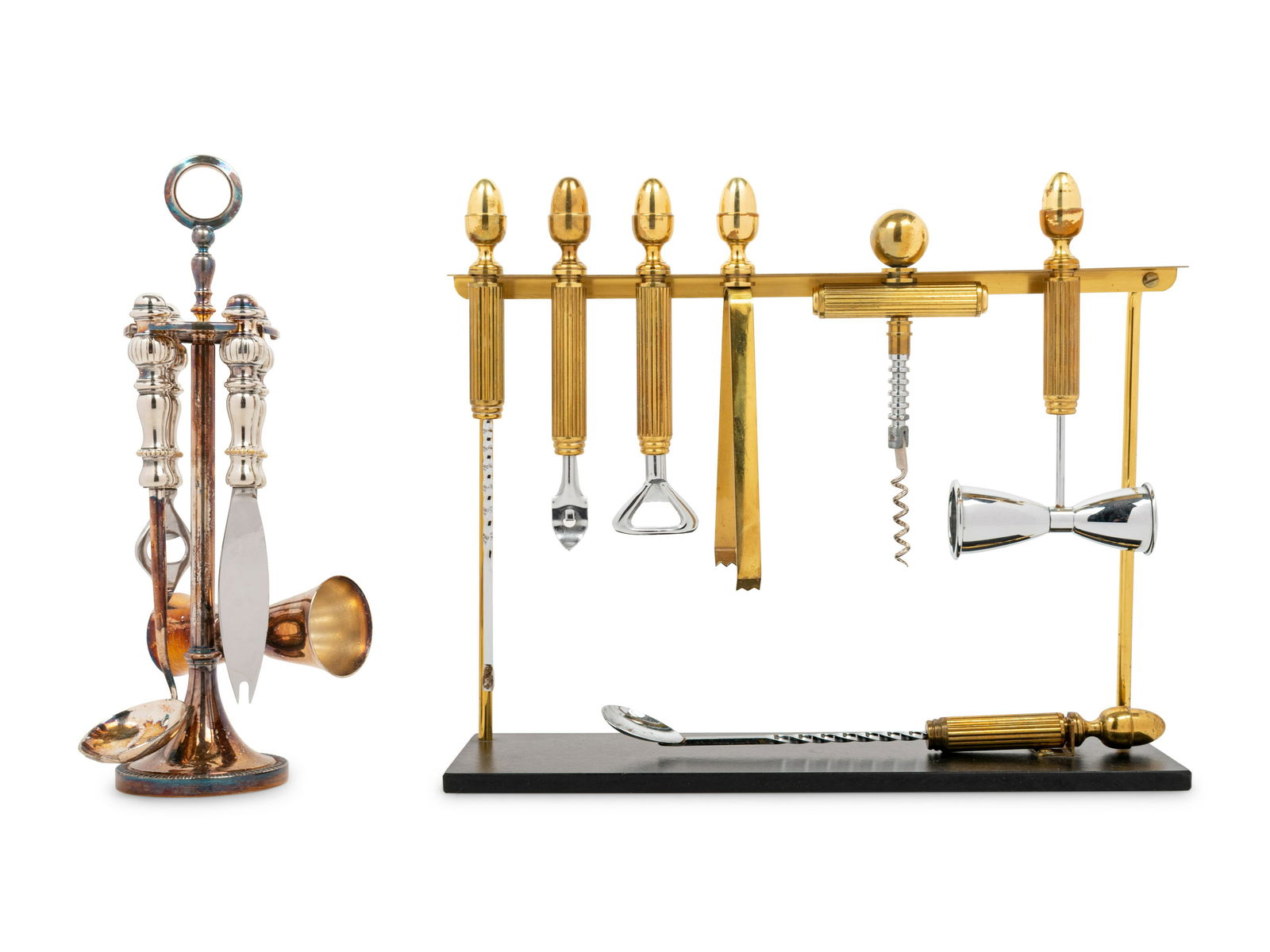 Two Sets of Bar Tools: Two Sets of Bar Tools the taller stand and its four tools each stamped ITALY, some of the tools of the wider stand stamped USA. Height of taller stand 13 3/8 inches; height of shorter stand 12 x lengt