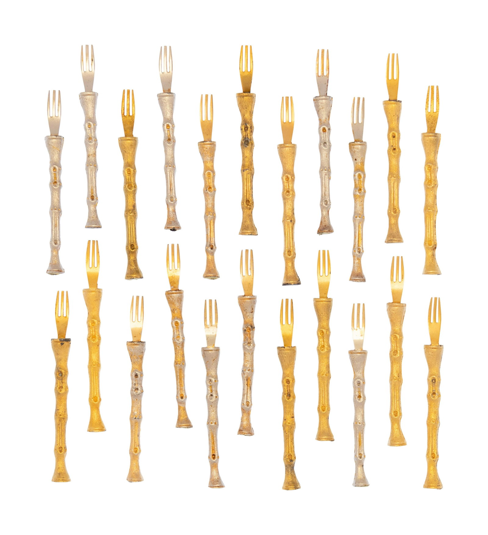 A Set of Twenty-Two Faux Bamboo-Handle Gilt Metal Forks: A Set of Twenty-Two Faux Bamboo-Handle Gilt Metal Forks 20th Century many examples with a gilt foil MADE IN HONG KONG sticker to the handle. Length 3 5/8 inches. Property From The Estate of Edwin L. C