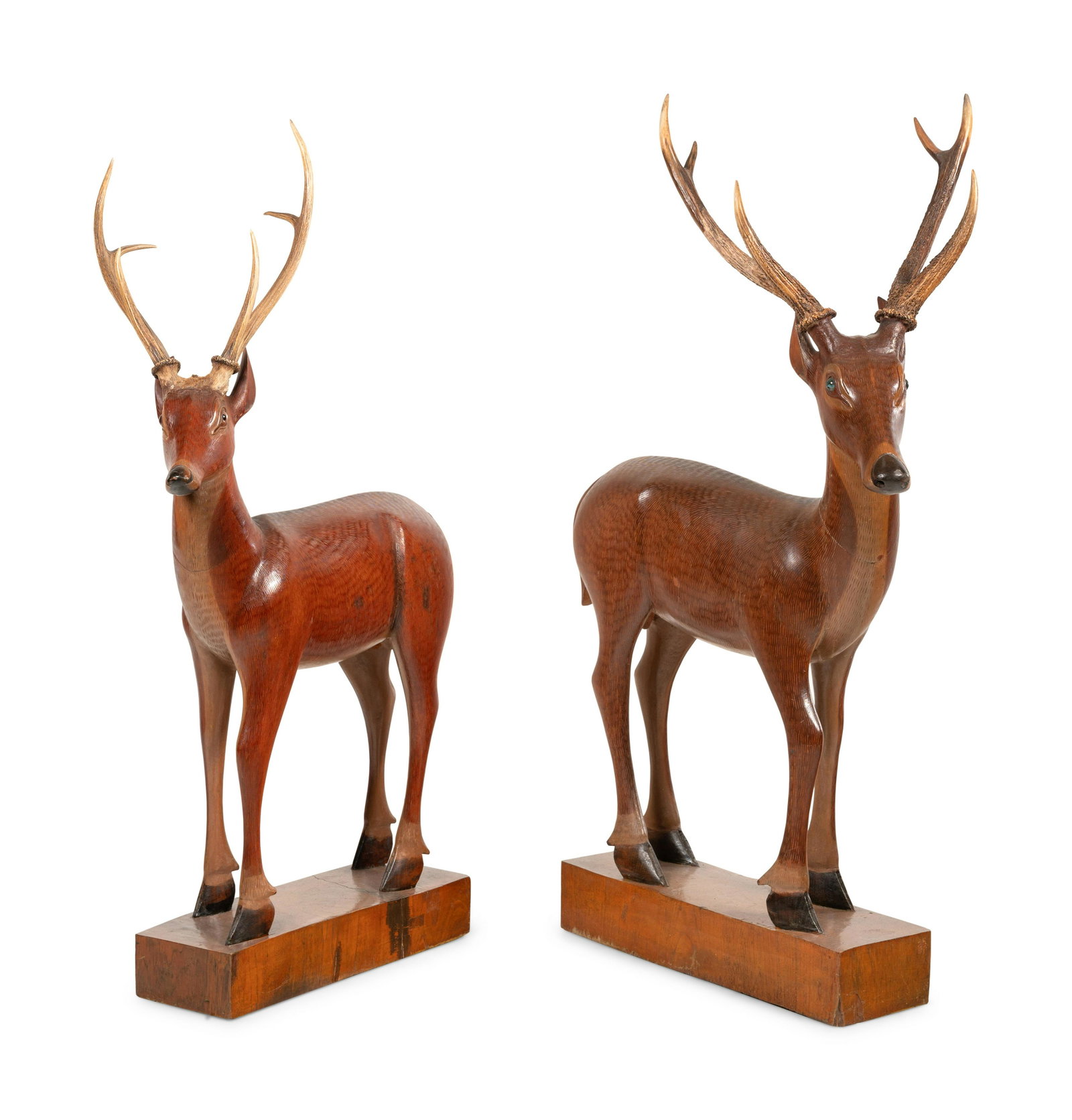 A Pair of Carved Fruitwood and Antler Mounted Models of: A Pair of Carved Fruitwood and Antler Mounted Models of Deer 20th Century apparently unmarked. Height of taller 58 x width 38 x depth 19 inches. Property From The Estate of Edwin L. Cox, Dallas, Texas