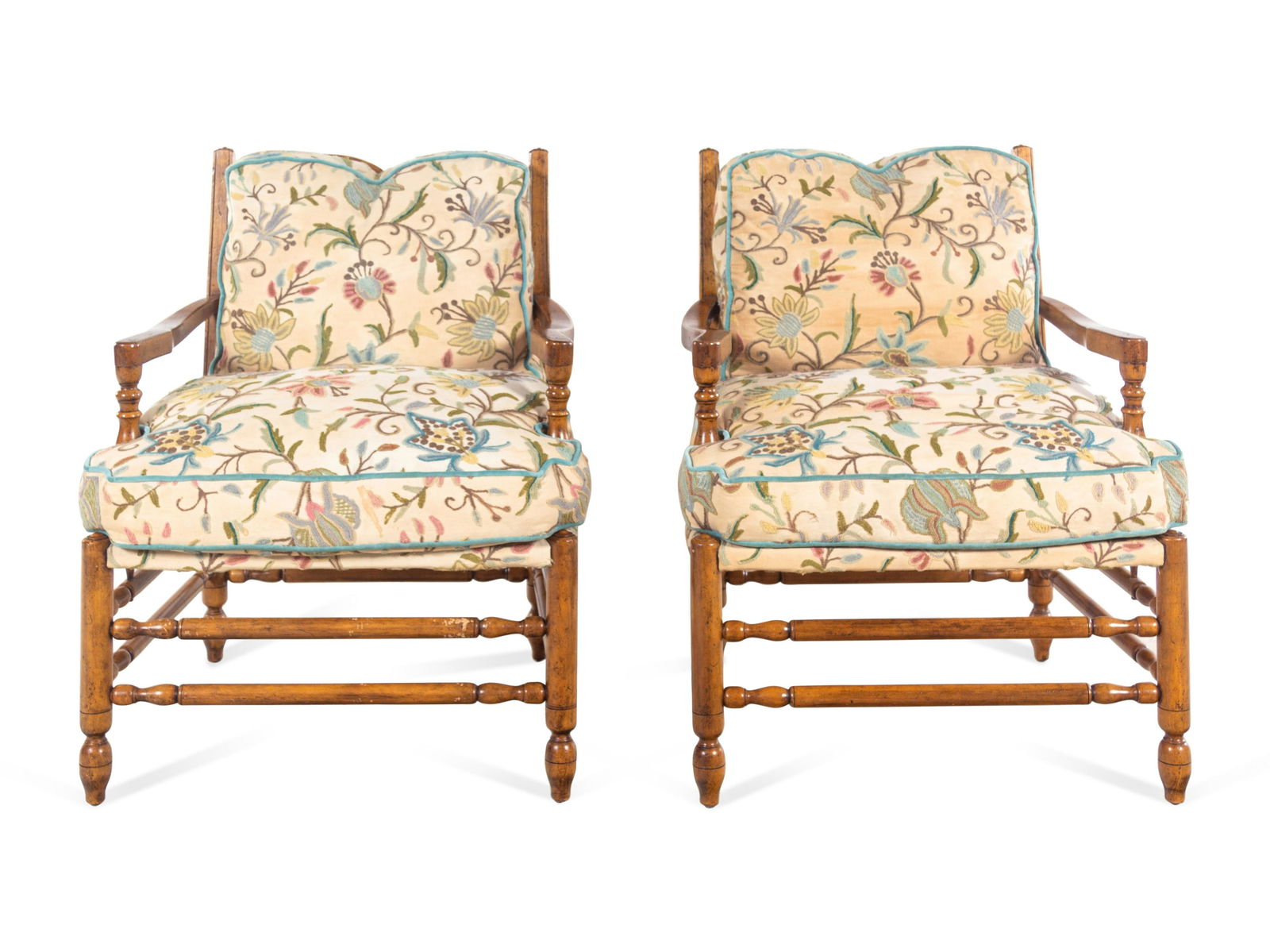 A Pair of Turned Walnut Armchairs with Crewelwork (1 of 2)