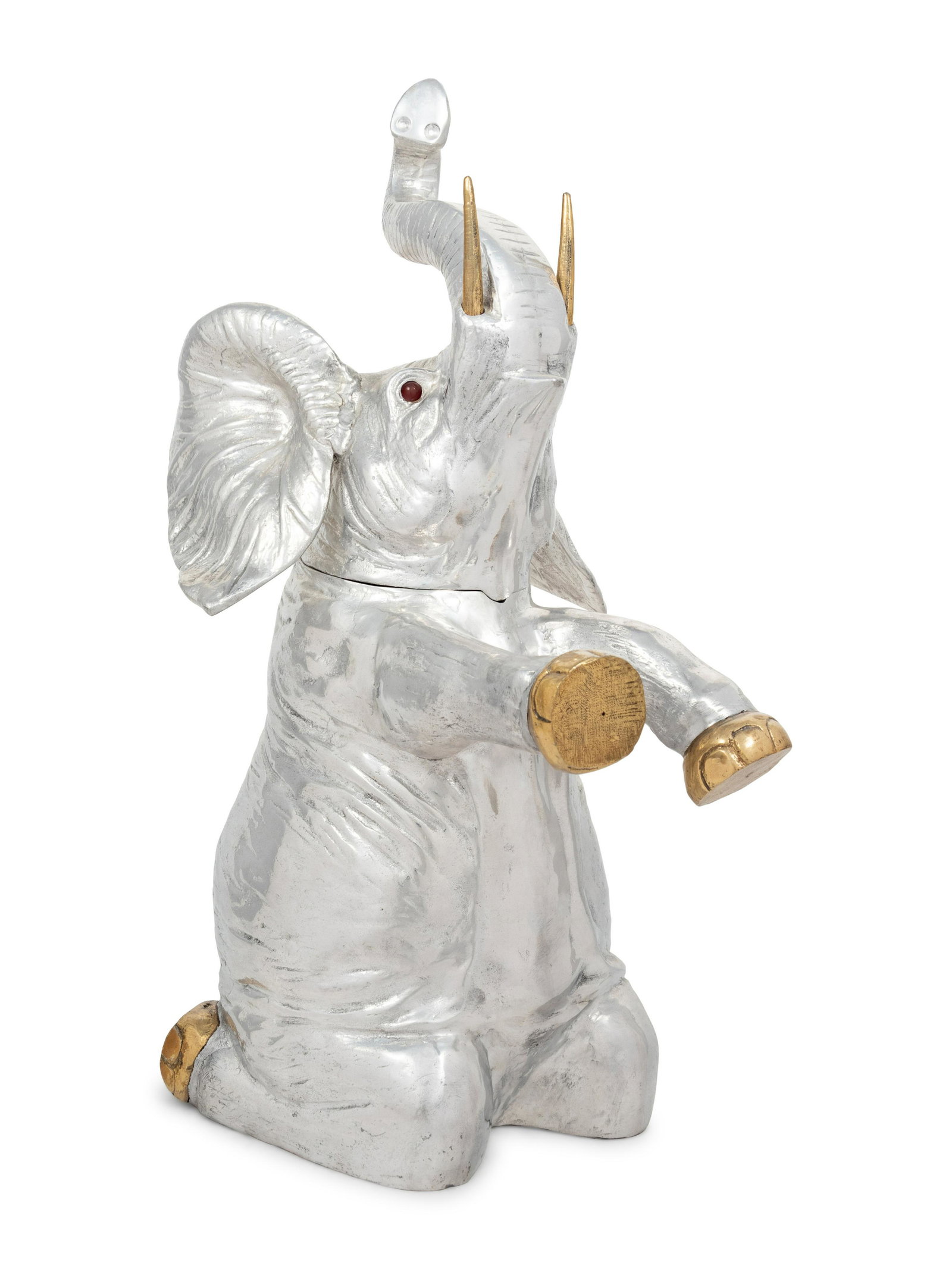 A Large Arthur Court Silvered and Gilt Metal: A Large Arthur Court Silvered and Gilt Metal Elephant-Form Wine Cooler 1982 with carnelian-colored eyes, stamped Arthur Court/ Copyright 1982, further bearing a gold foil Made in Taiwan sticker to the