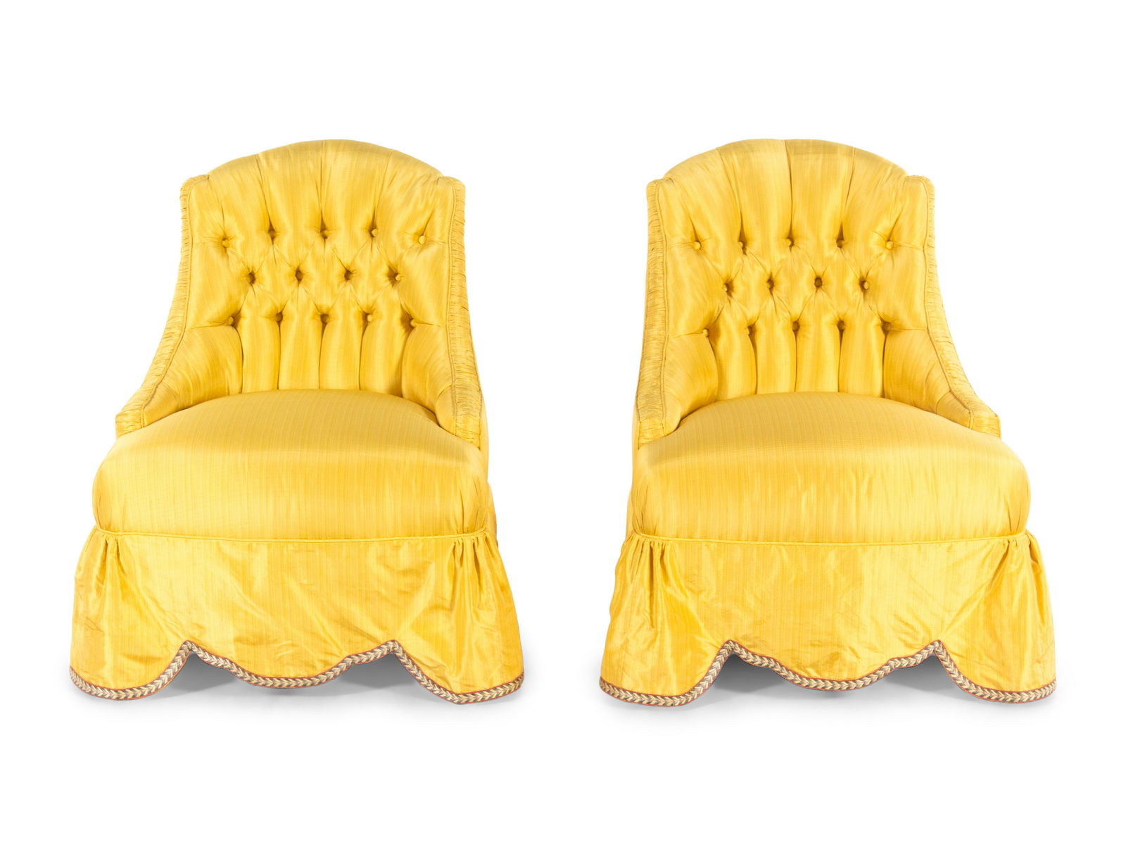 A Pair of Yellow Silk Button Tufted Slipper Chairs (1 of 2)