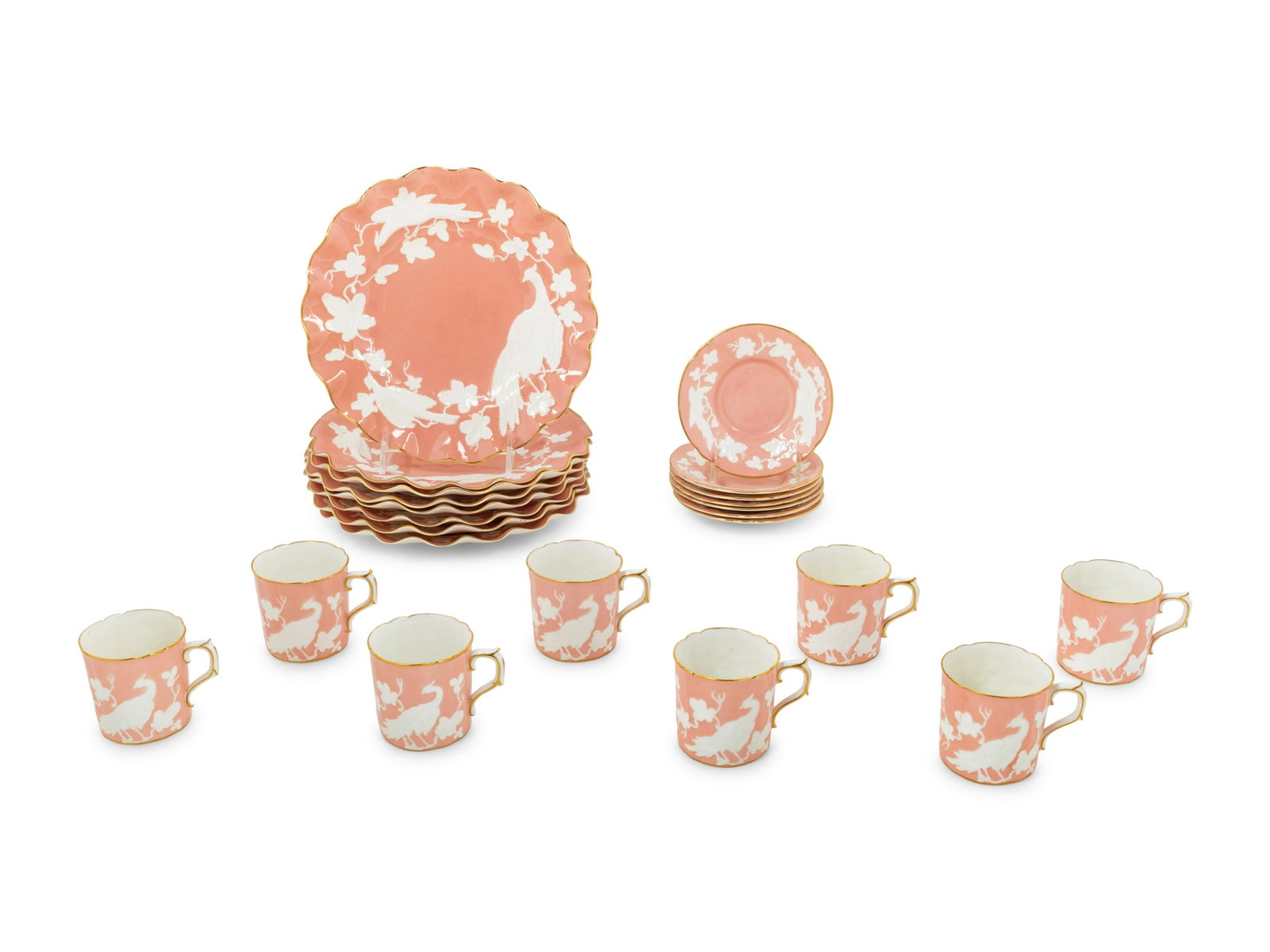 A Royal Crown Derby Chinese Birds Porcelain Dessert: A Royal Crown Derby Chinese Birds Porcelain Dessert Service comprising 12 plates, 12 teacups and 12 saucers; 36 items total. Diameter of plates 8 3/4 inches. Property From The Estate of Edwin L. Cox, 