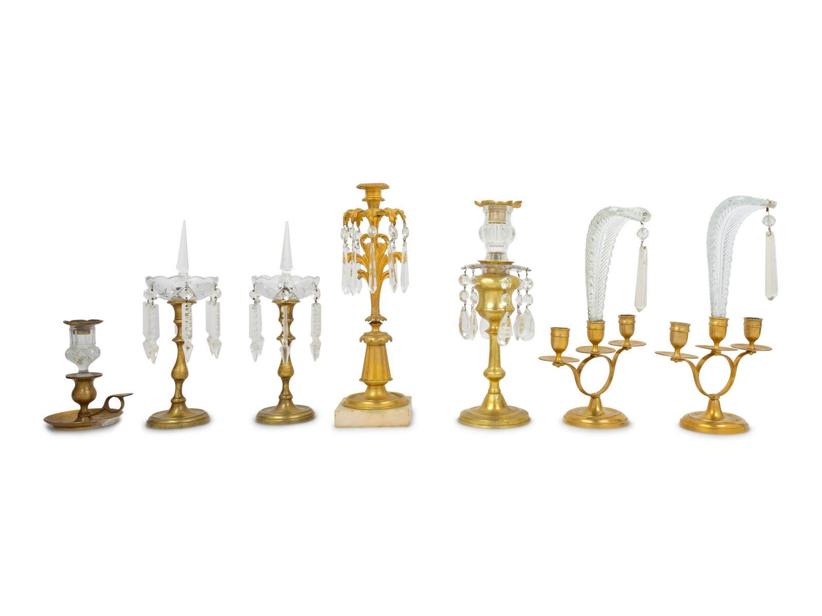 Seven Glass Mounted Brass Candlesticks (1 of 1)
