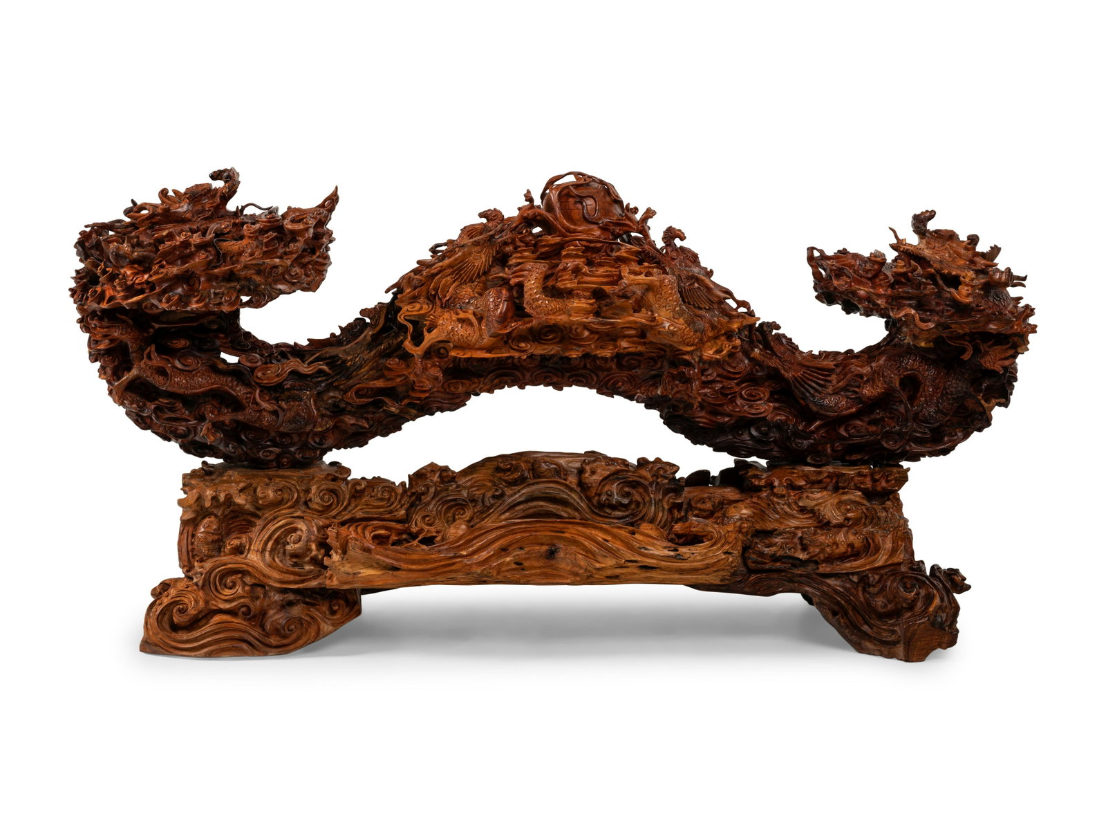 A Large Chinese Carved Rosewood or Mahogany Sculpture: A Large Chinese Carved Rosewood or Mahogany Sculpture Late 20th Century Height 27 x width 54 x depth 16 inches. Property sold to benefit the National Museum of Women in the Arts