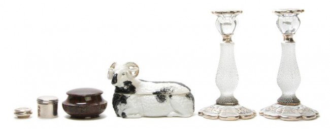 A Collection of Decorative Table Articles, Height o: A Collection of Decorative Table Articles, comprising two silver overlay glass candlesticks, two silver pill boxes, a hardstone box and a Russian porcelain ram form box. Height of first 8 1/4 inches.